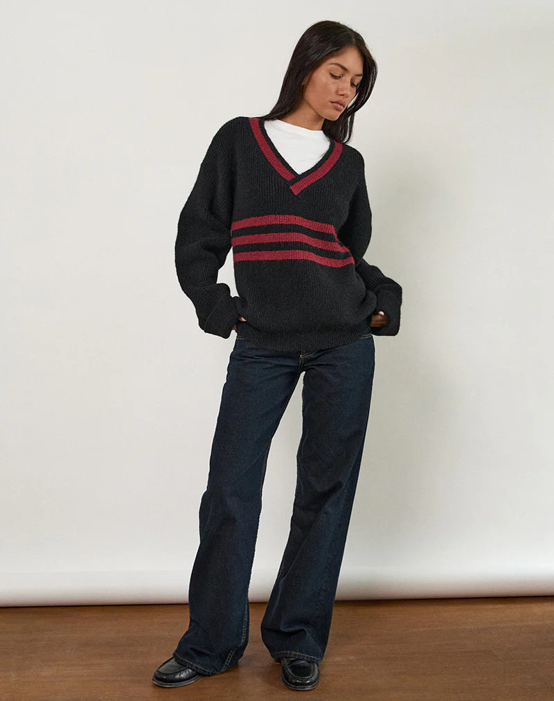 Knitza Jumper in Black with Red Stripes - Image 4