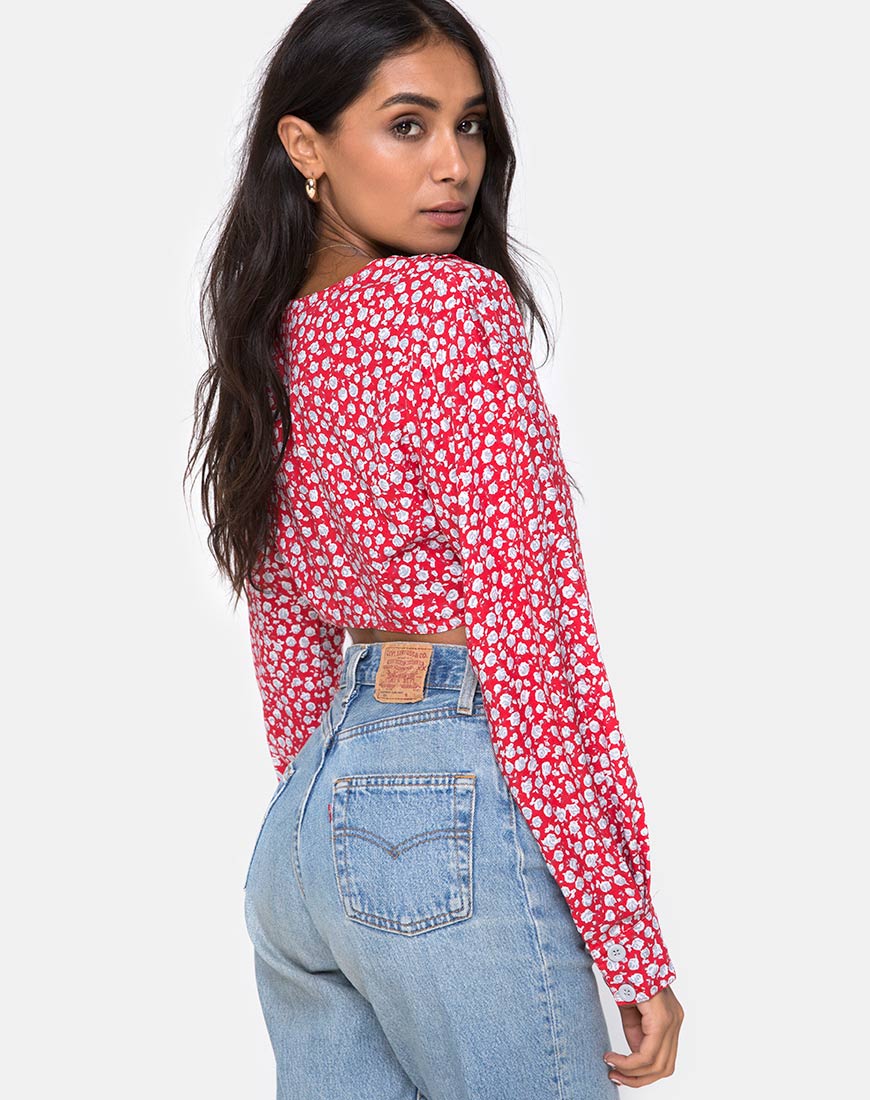 Koniva Crop Top in Ditsy Rose Red and Silver - Image 2