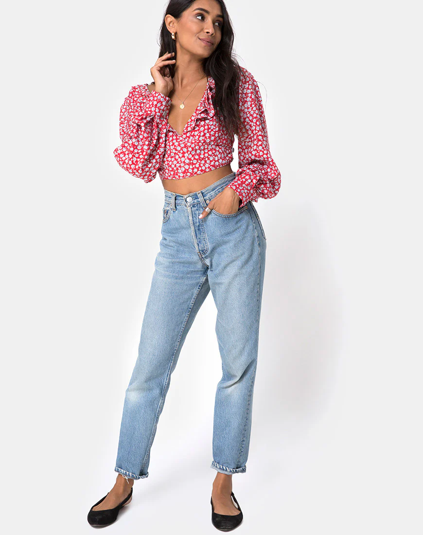 Koniva Crop Top in Ditsy Rose Red and Silver - Image 3