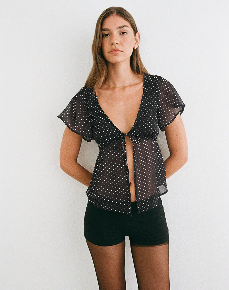 Kota Chiffon Blouse in Black with Micro Polka Print - Image 2