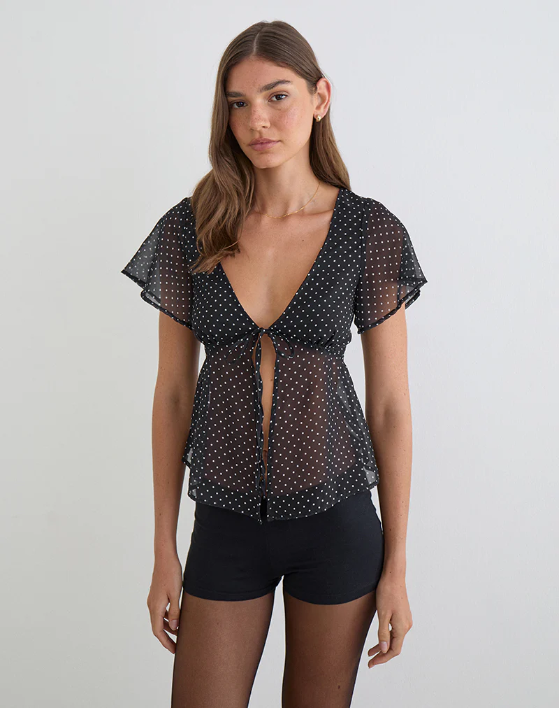 Kota Chiffon Blouse in Black with Micro Polka Print - Image 6