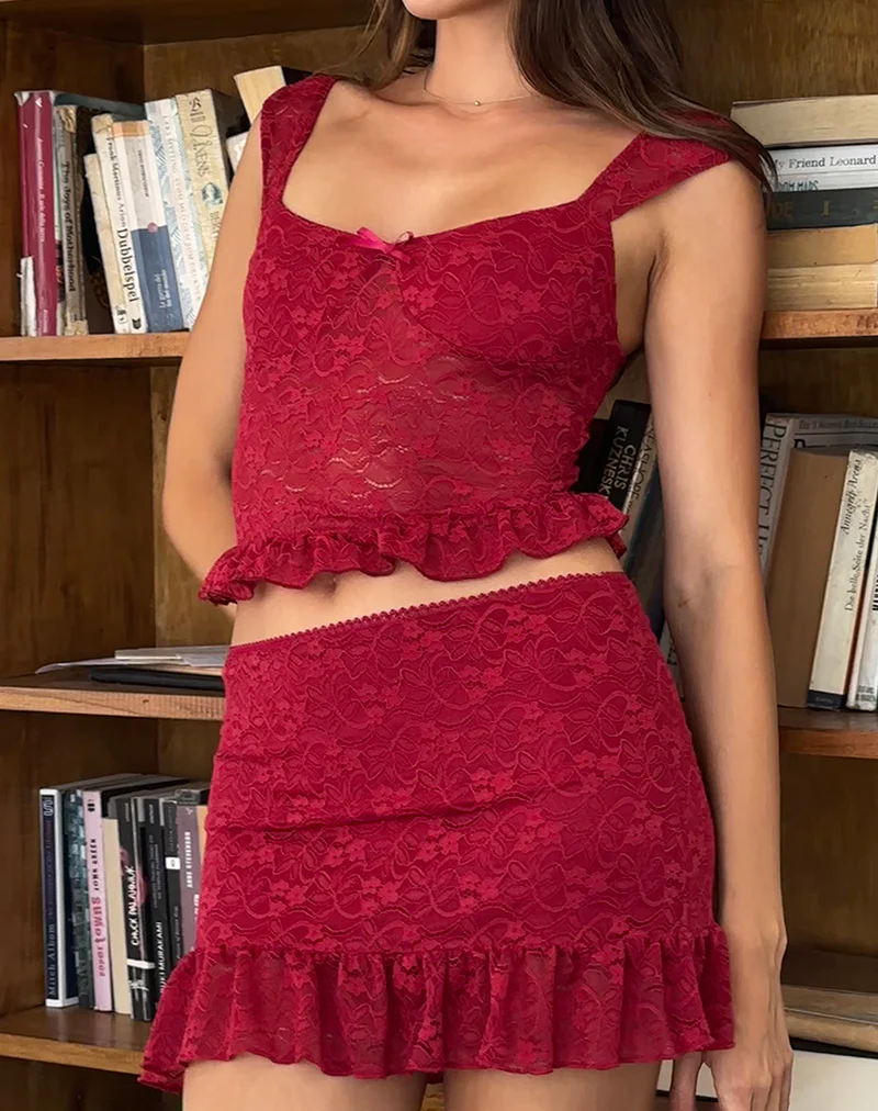 Krecia Mini Skirt in Deep Red Lace - Image 2