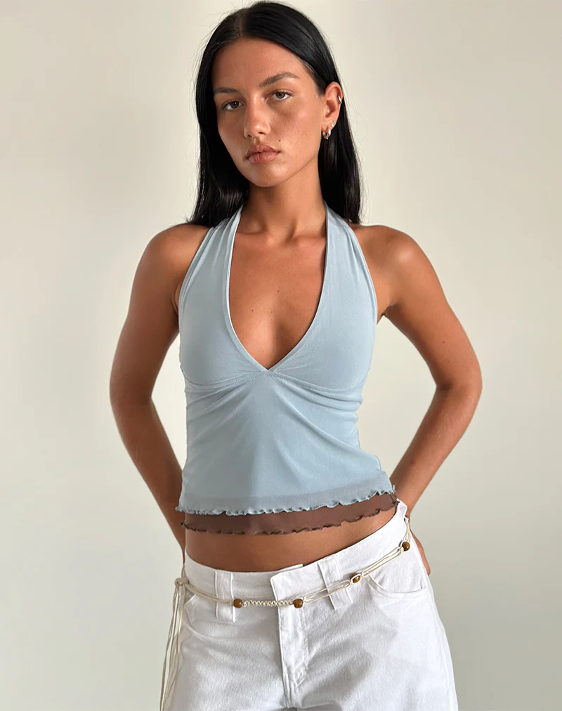 Kubra Halter Top in Mesh Light Blue and Brown - Image 2