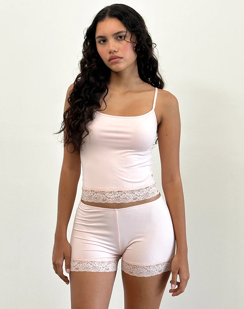 Kuden Lace Hem Micro Shorts in Soft Jersey Pink - Image 3
