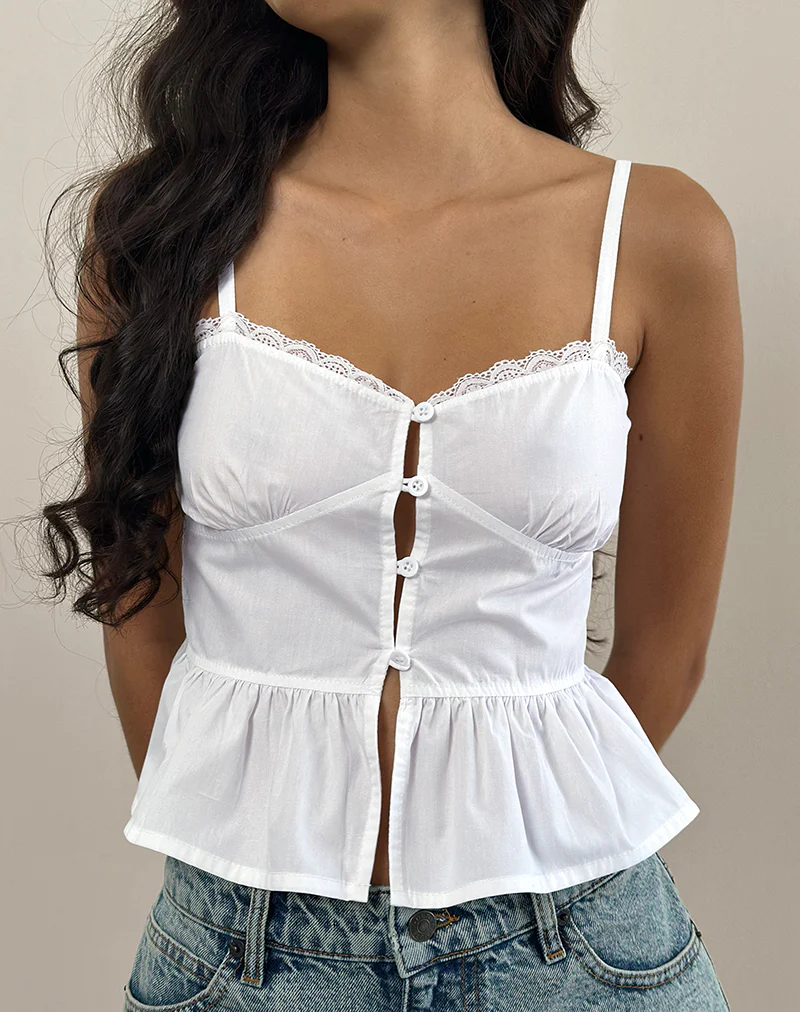Kugy Tie Front Cami Top in Poplin White - Image 2