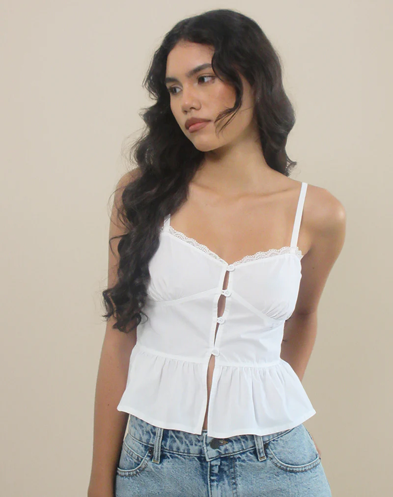 Kugy Tie Front Cami Top in Poplin White - Image 3