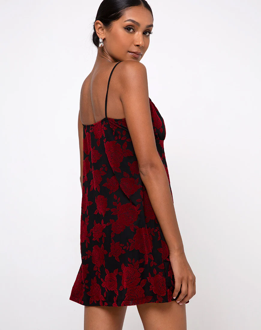 Kumala Dress in Romantic Red Rose Flock - Image 2