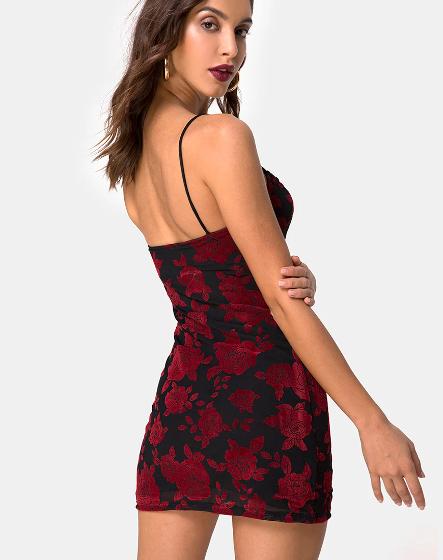 Kumin Bodycon Dress in Romantic Red Rose Flock - Image 2