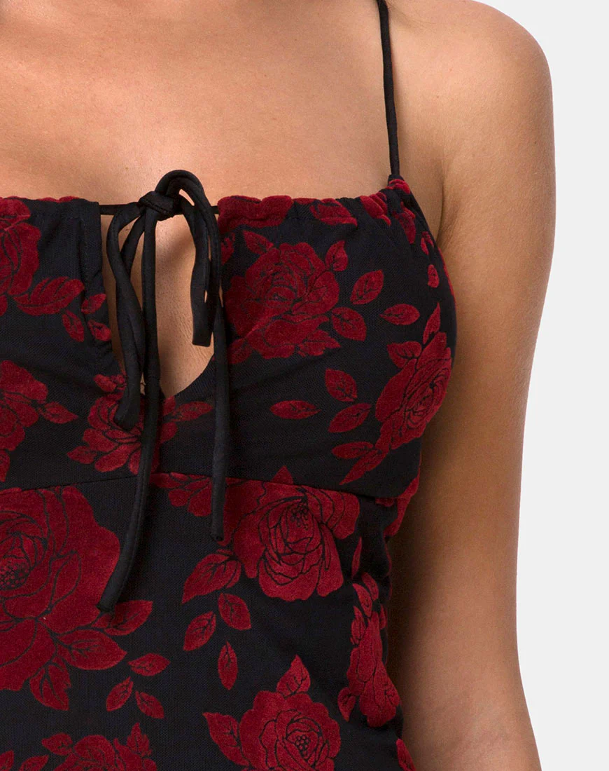 Kumin Bodycon Dress in Romantic Red Rose Flock - Image 5