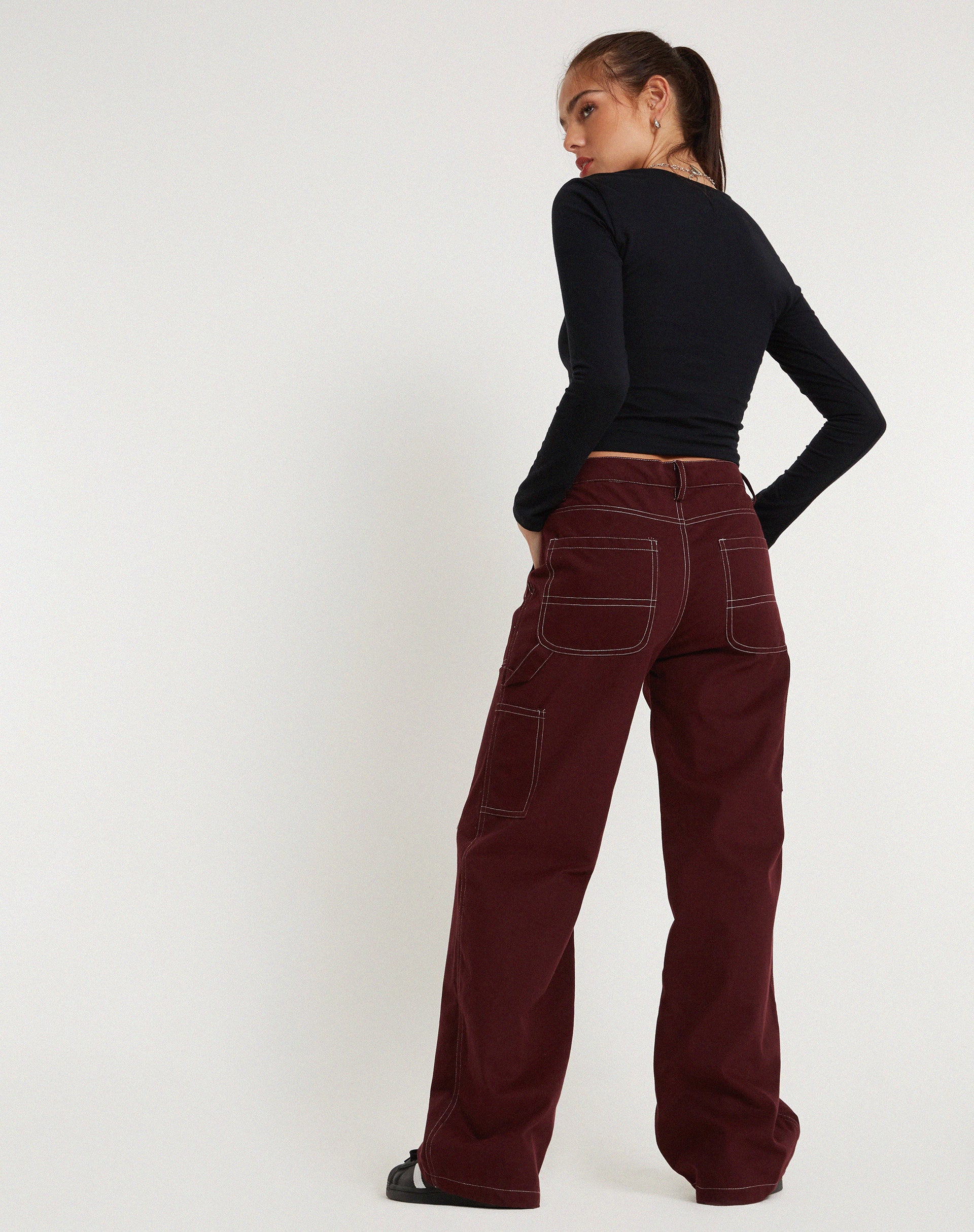 Kusnaedi Wide Leg Trouser in Redwood and White Top Stitch - Image 5