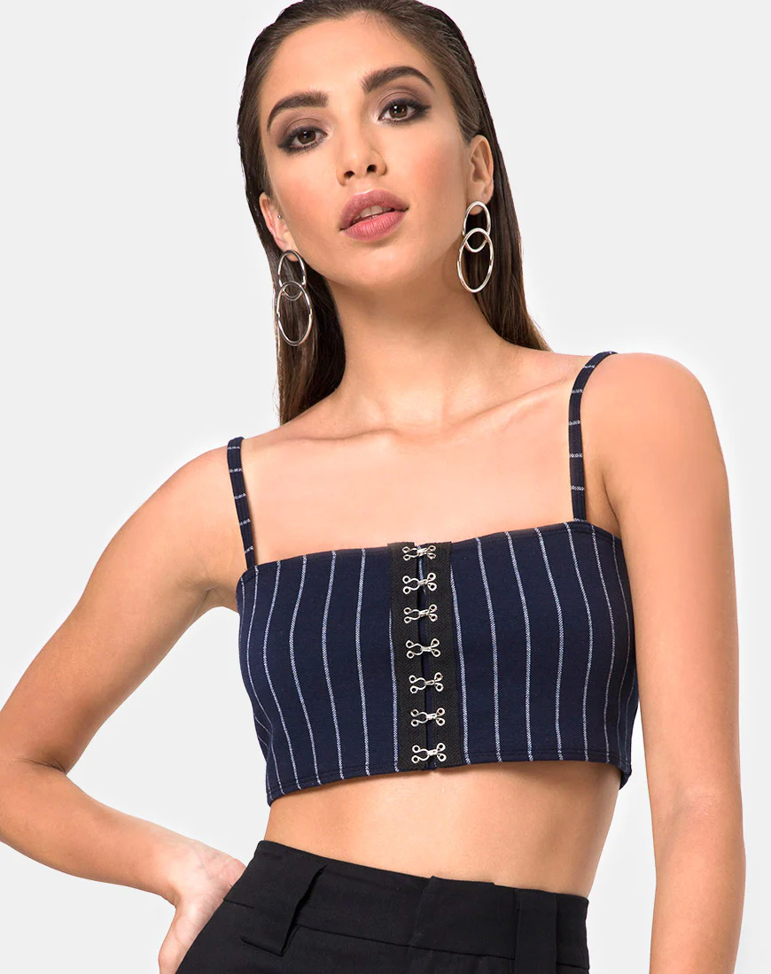 Kyga Crop Top In Navy Pinstripe - Image 2