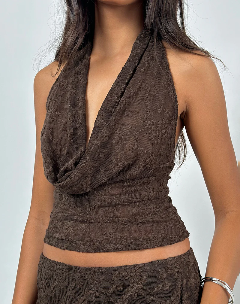 Kylo Halter Top in Jacquard Knit Dark Brown - Image 2