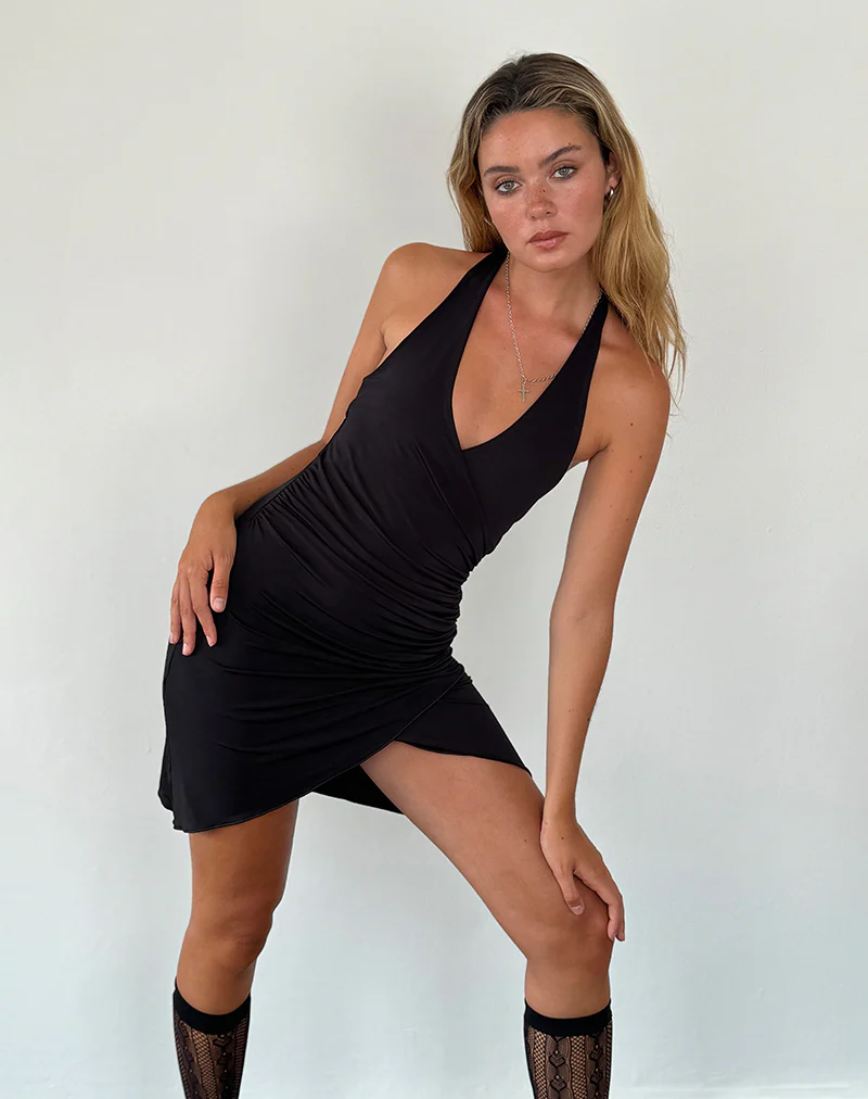Kyrie Halterneck Wrap Dress in Slinky Black - Image 2