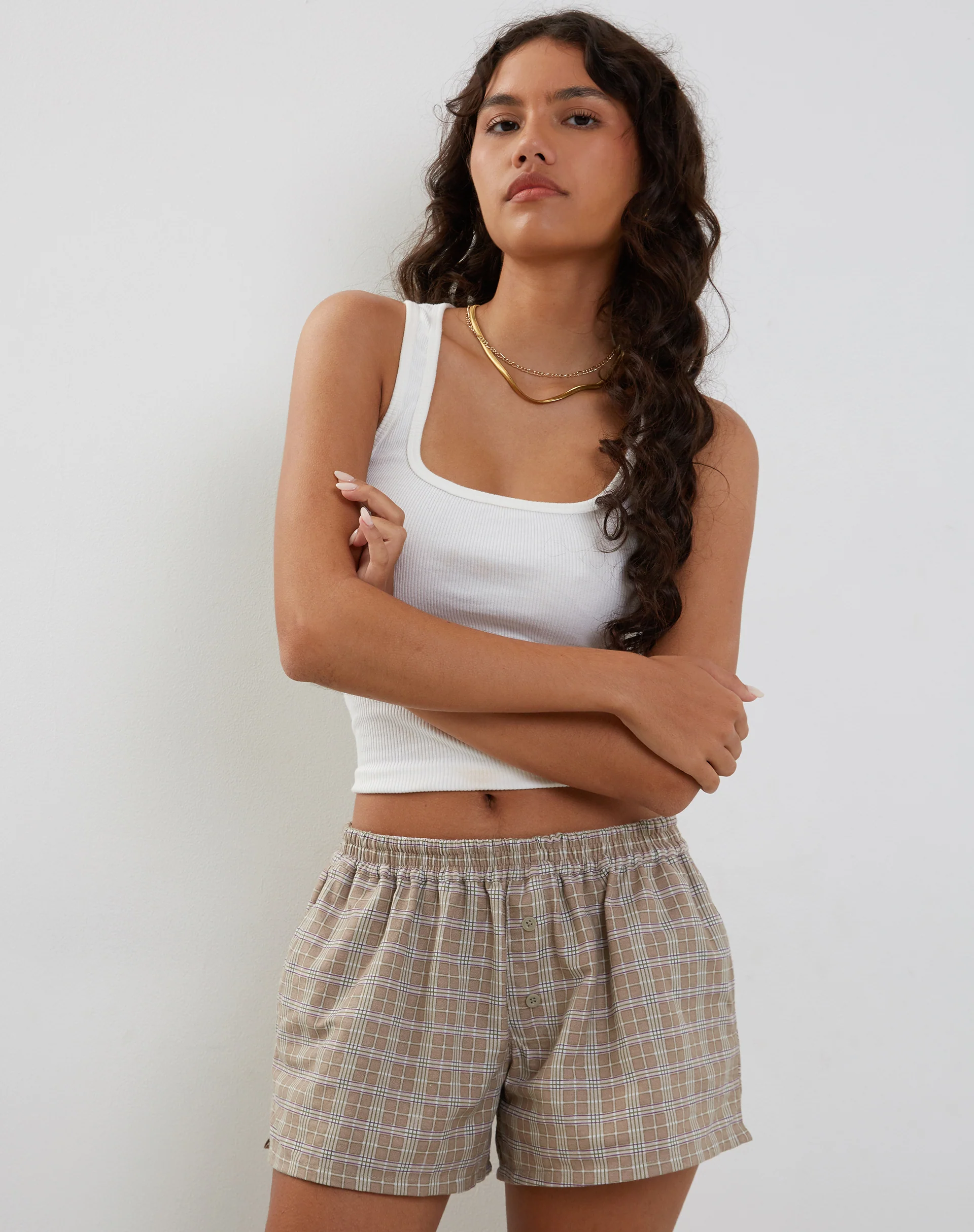 Laboxe Brief Shorts in Taupe Check - Image 3