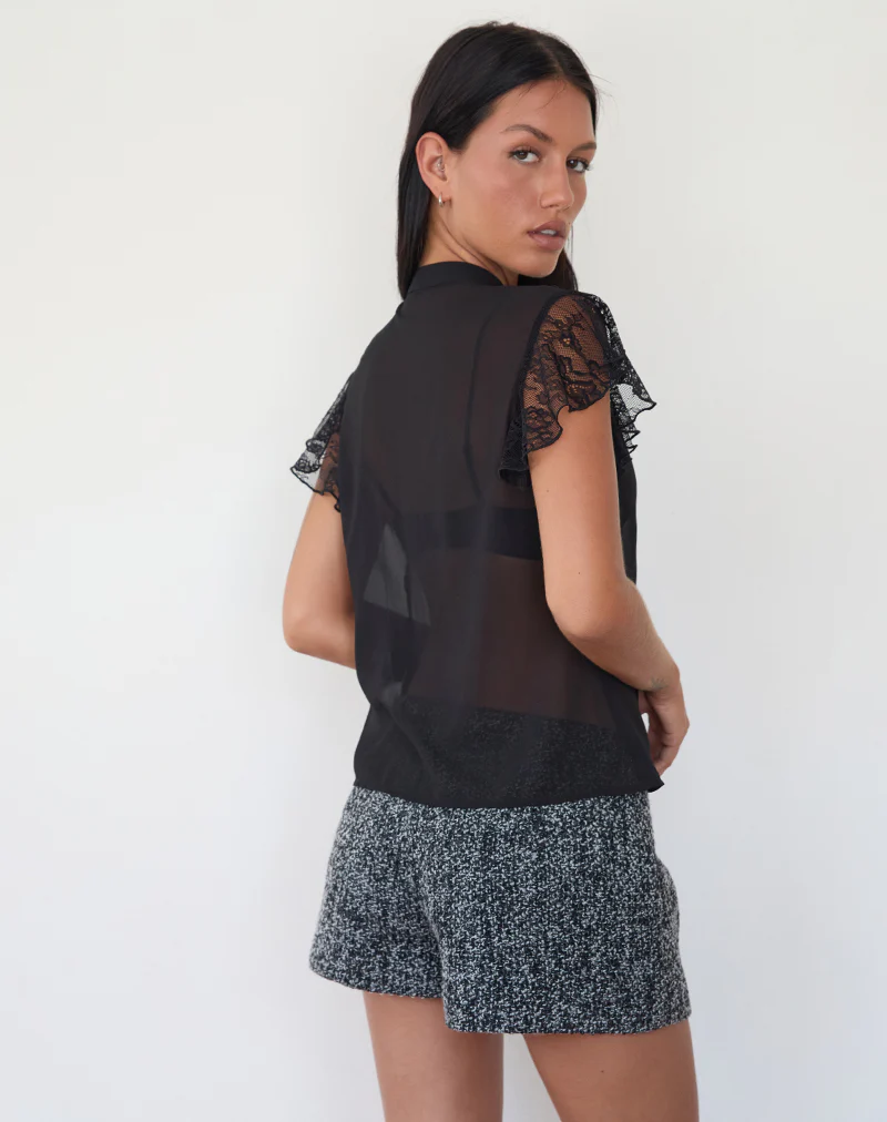 Lada Blouse in Black Chiffon with Lace Trim - Image 3