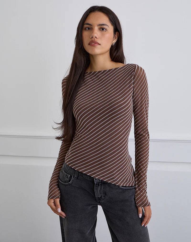 Lakya Long Sleeve Top in Diagonal Stripe Flocked Brown and Cream - Image 3