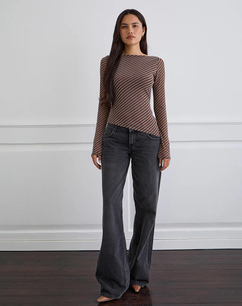 Lakya Long Sleeve Top in Diagonal Stripe Flocked Brown and Cream - Image 5