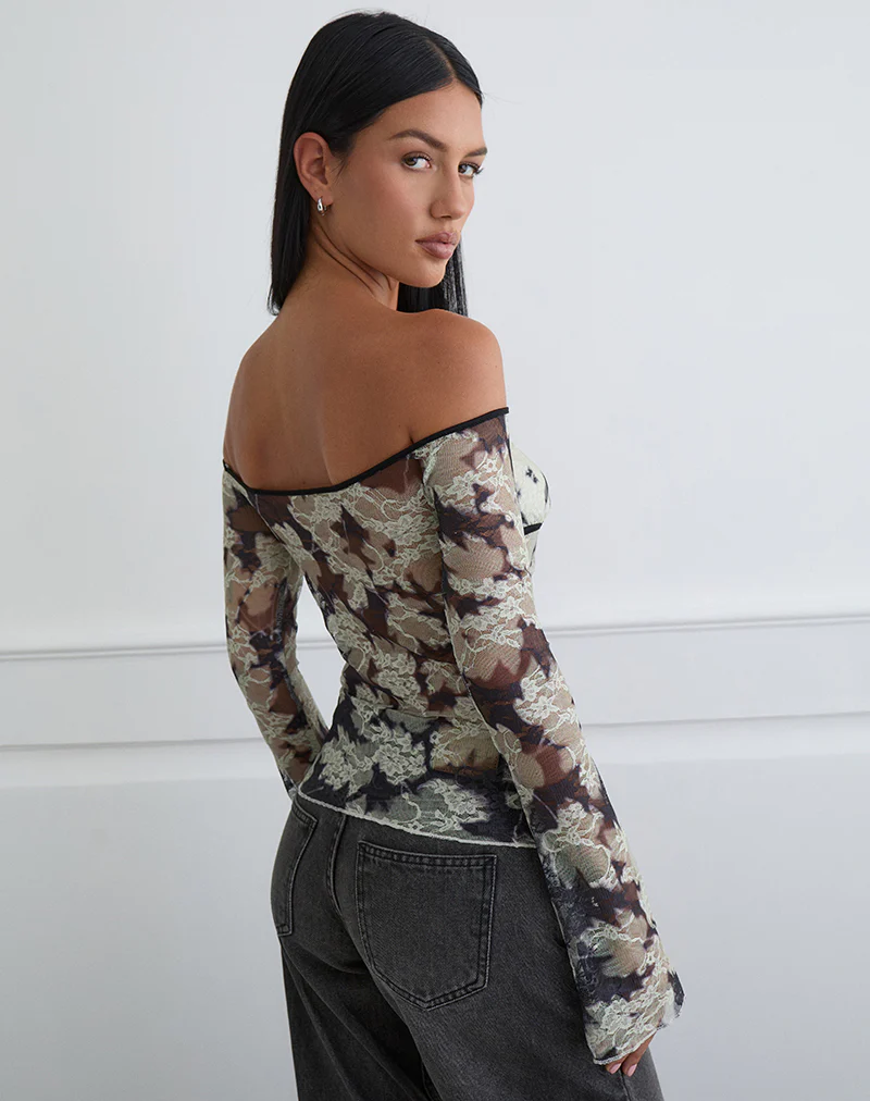 Laluna Top in Silhouette Leaf Ivory Black - Image 3