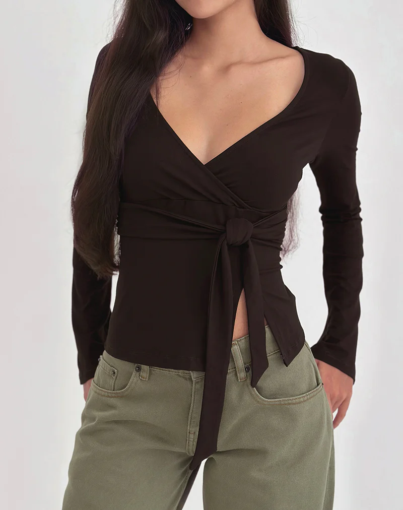 Lamae Wrap Top in Bitter Chocolate - Image 2