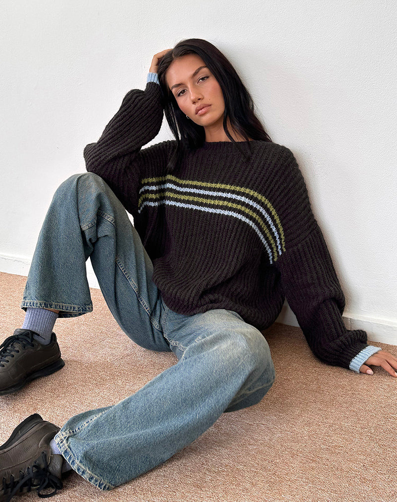 Lamees Jumper in Brown Knit with Stripe - Image 2