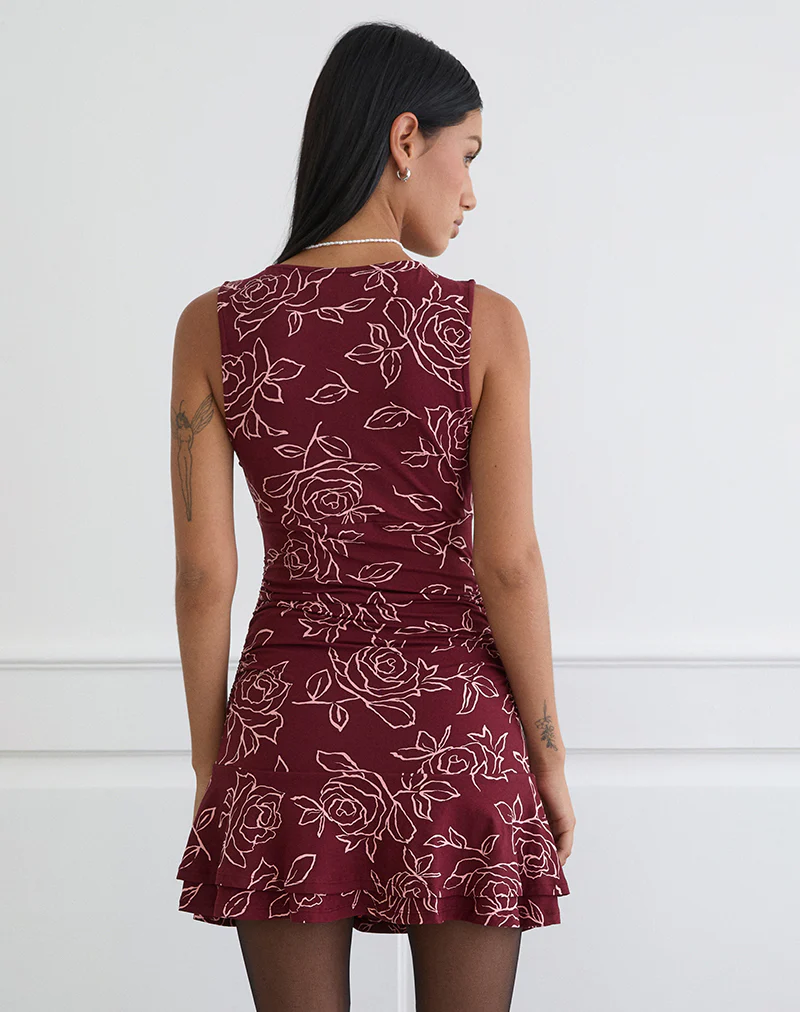 Lanai Mini Dress in Outline Rose Maroon - Image 4