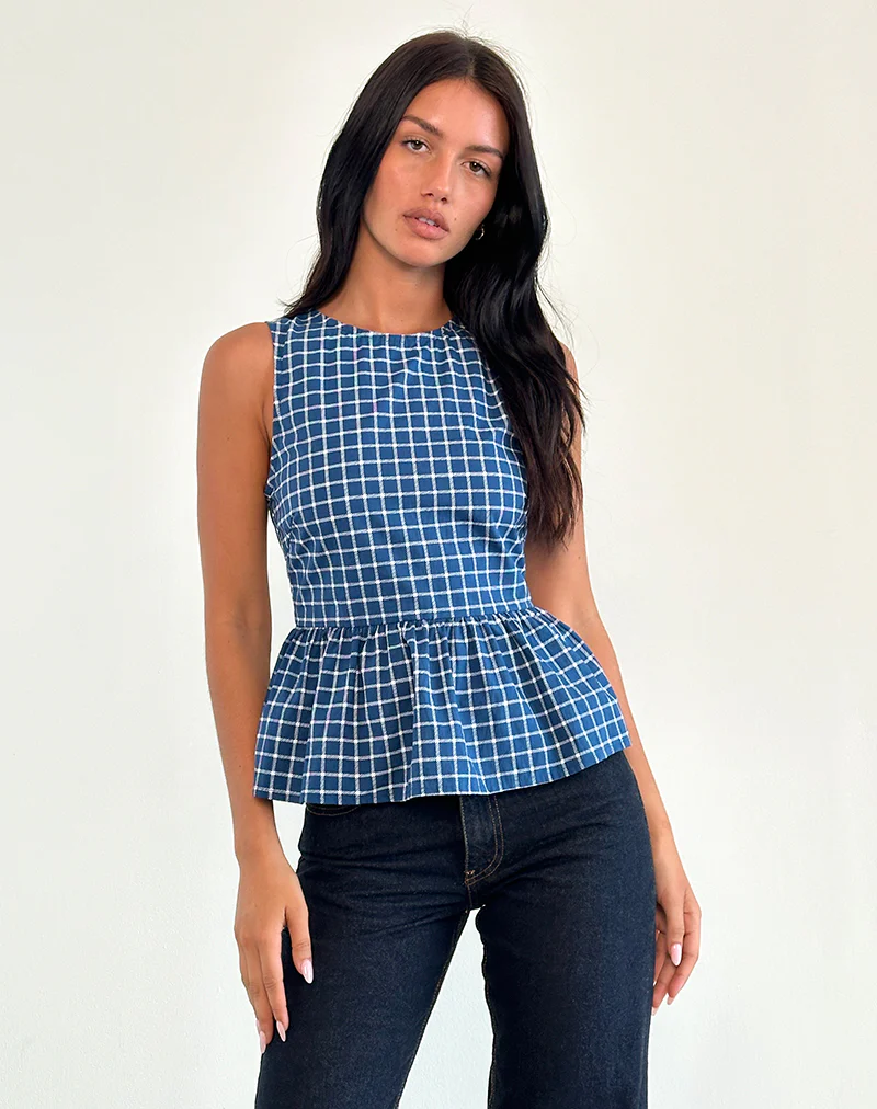 Lanzo Tie Back Top in Poplin Navy Tartan - Image 2