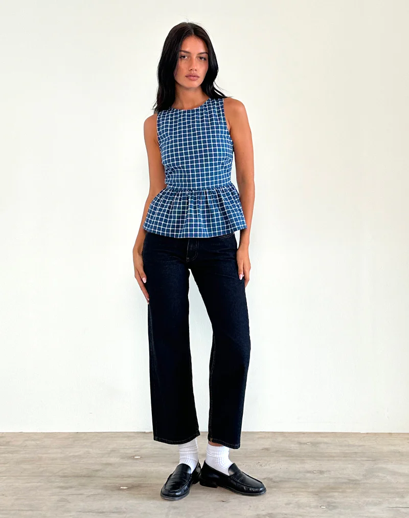 Lanzo Tie Back Top in Poplin Navy Tartan - Image 3