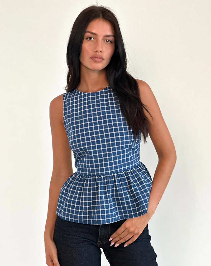 Lanzo Tie Back Top in Poplin Navy Tartan - Image 4