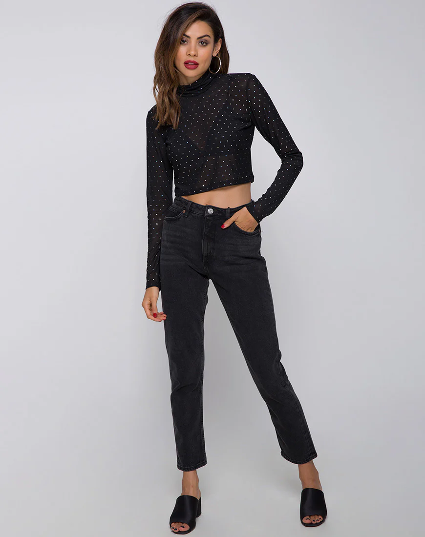 Lara High Neck Crop Top in Net Crystal Black - Image 3