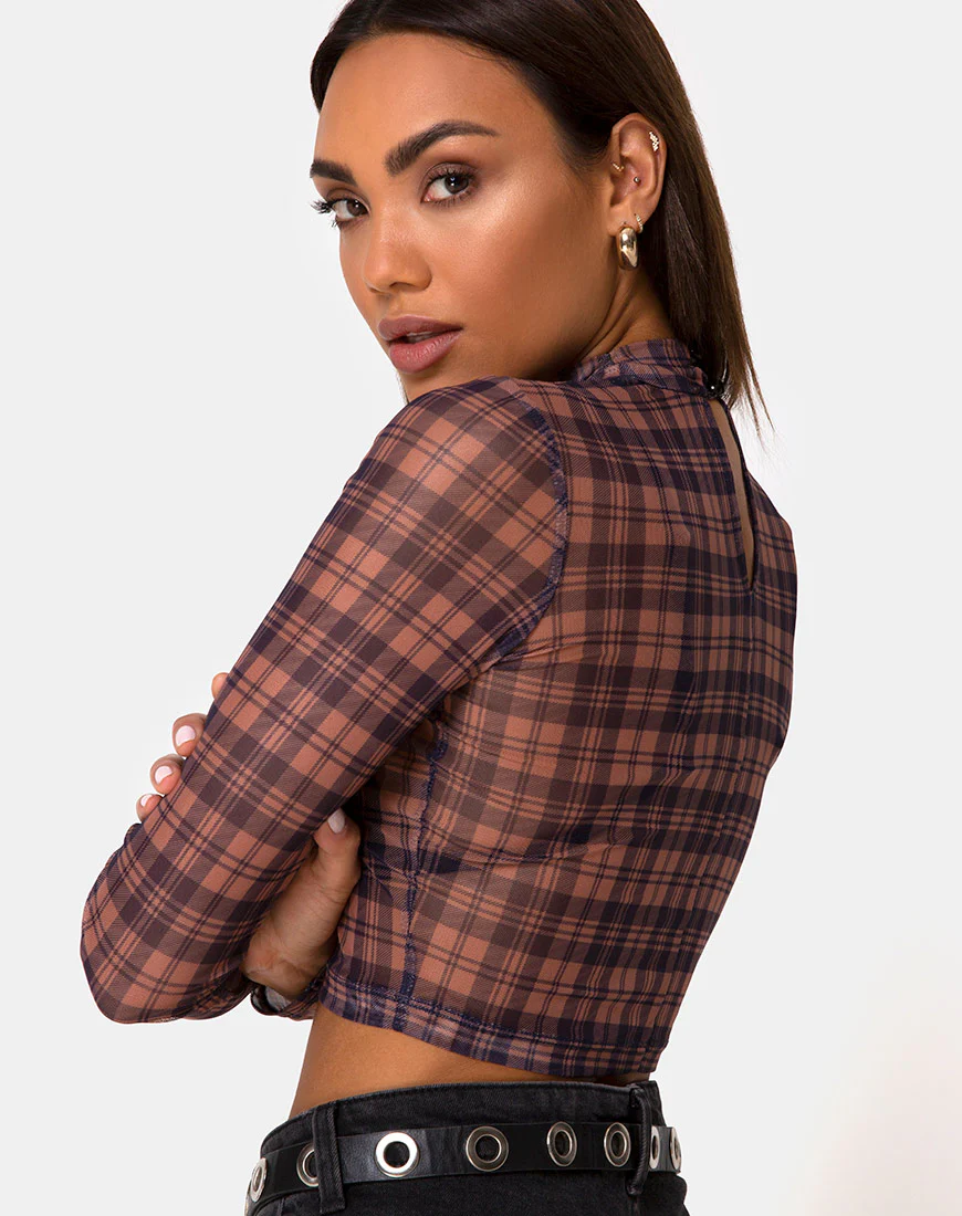 Lara Crop Top in Net Checking Out Brown - Image 2