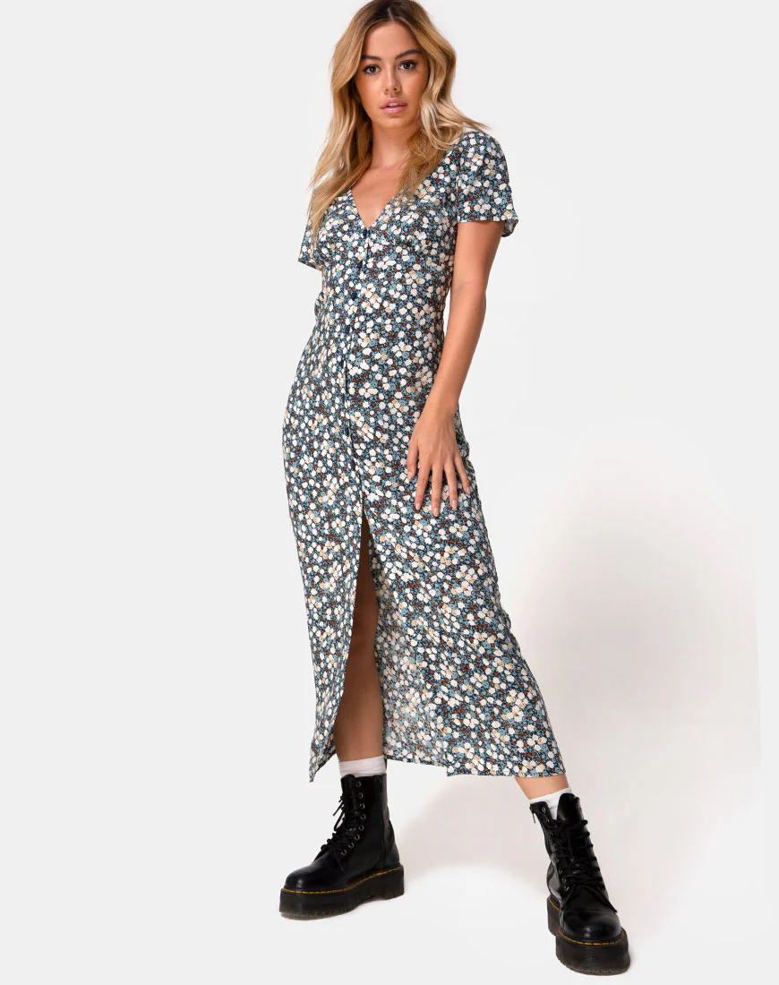 Larin Midi Dress in Floral Field Navy - Image 3