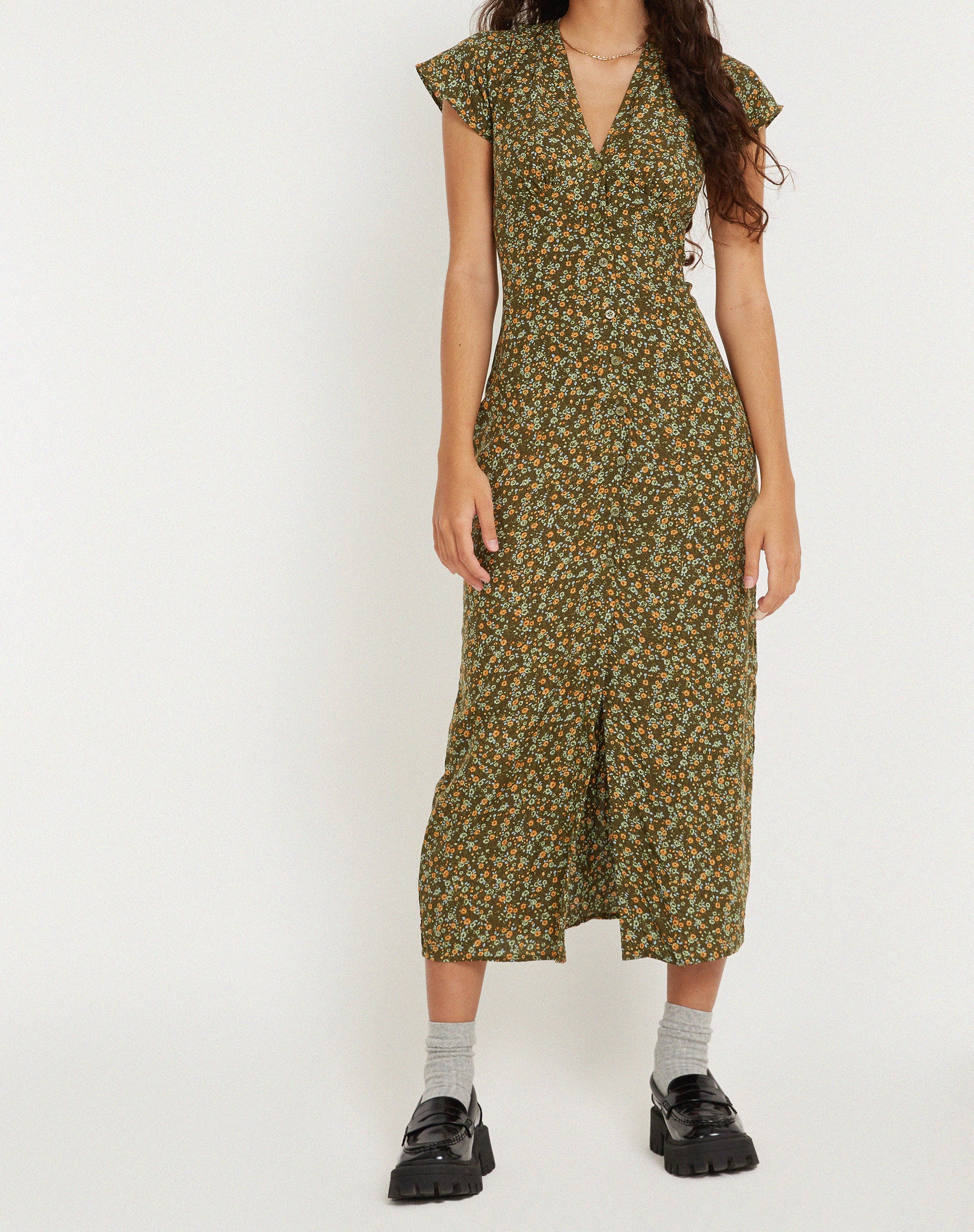 Larin Midi Dress in Grungey Floral Khaki - Image 2
