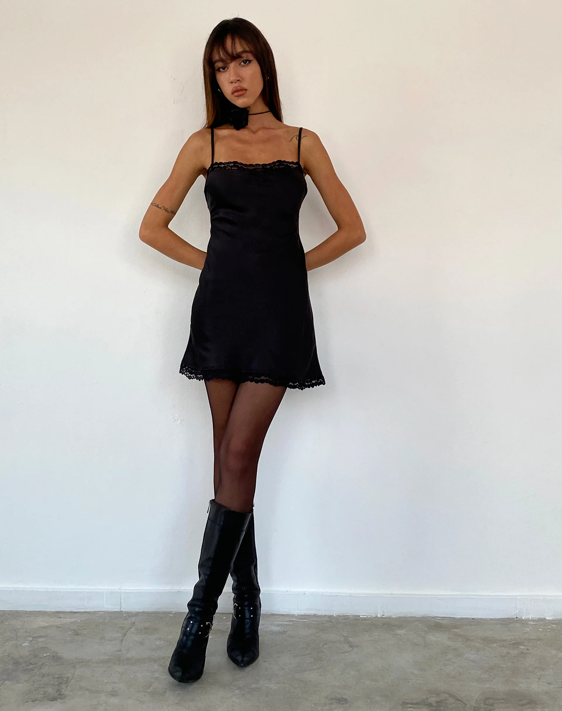 Larna Lace Trim Satin Mini Dress in Black - Image 4