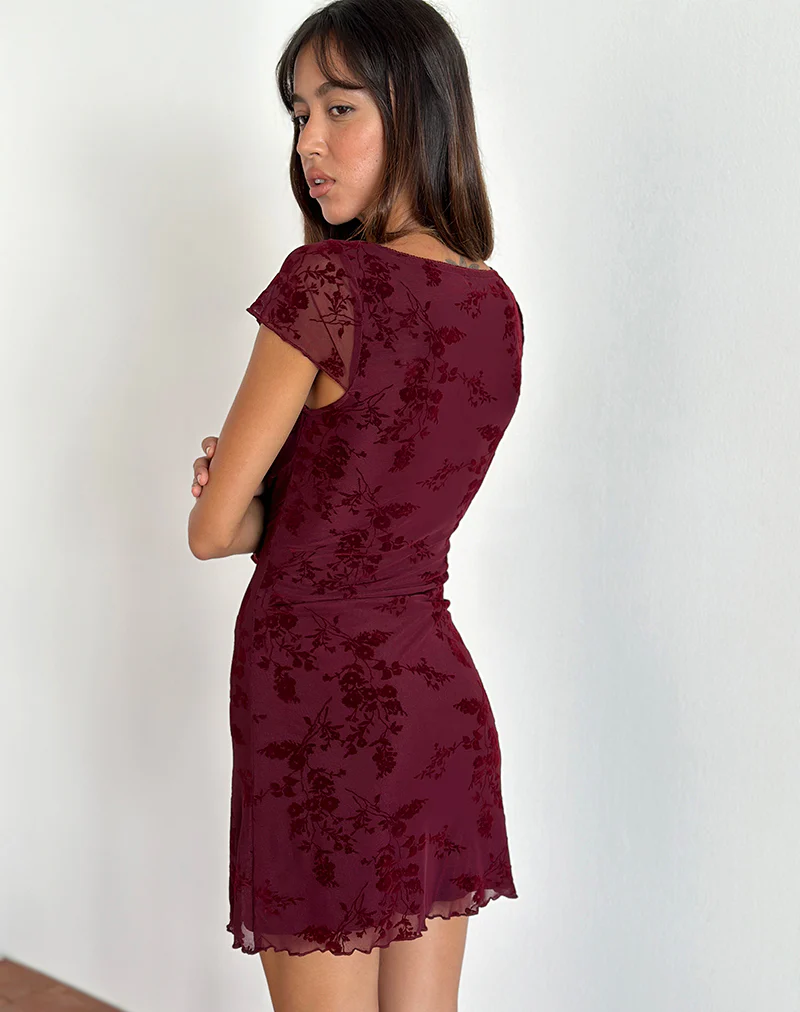 Lashka Mini Dress in Botanical Flower Maroon - Image 3