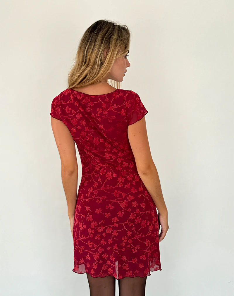 Lashka Mini Dress in Red Grunge Floral Flock - Image 5