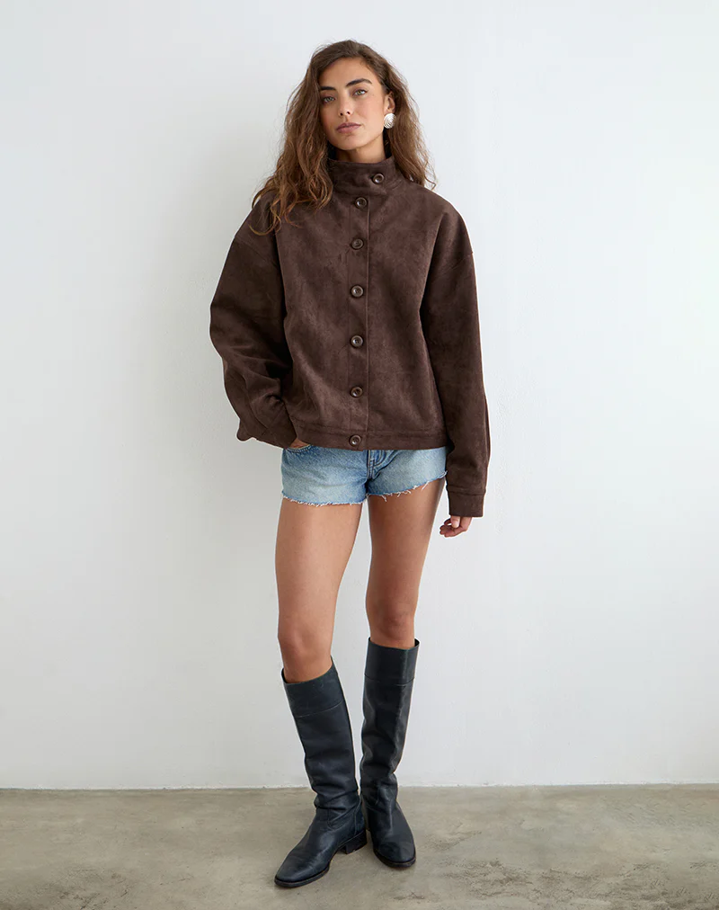 Lastika Jacket in Faux Suede Dark Brown - Image 2