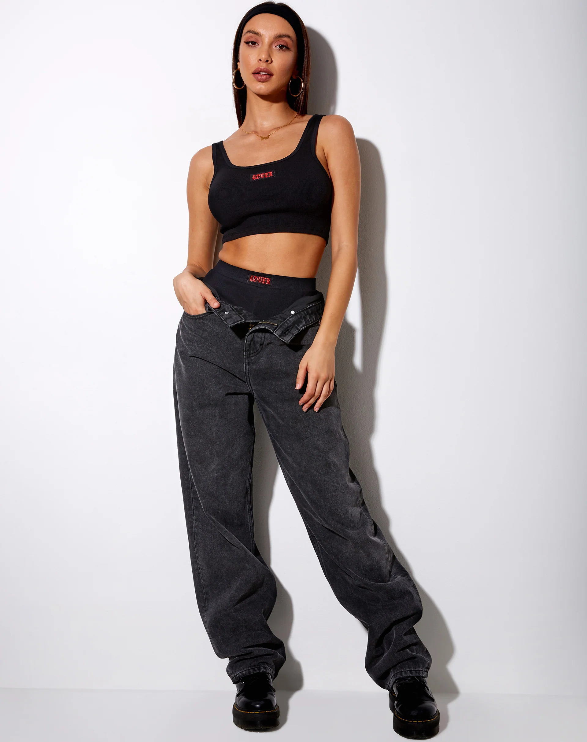 Lathi Crop Top in Rib Black "Lover" Embro - Image 4