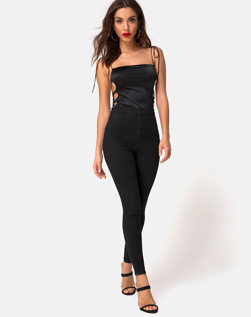 Lati Laced Up Bodice in Satin Black - Image 3