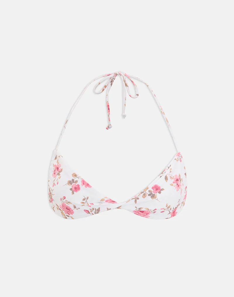 Laufey Bikini Top in White with Pink Floral Bloom - Image 4