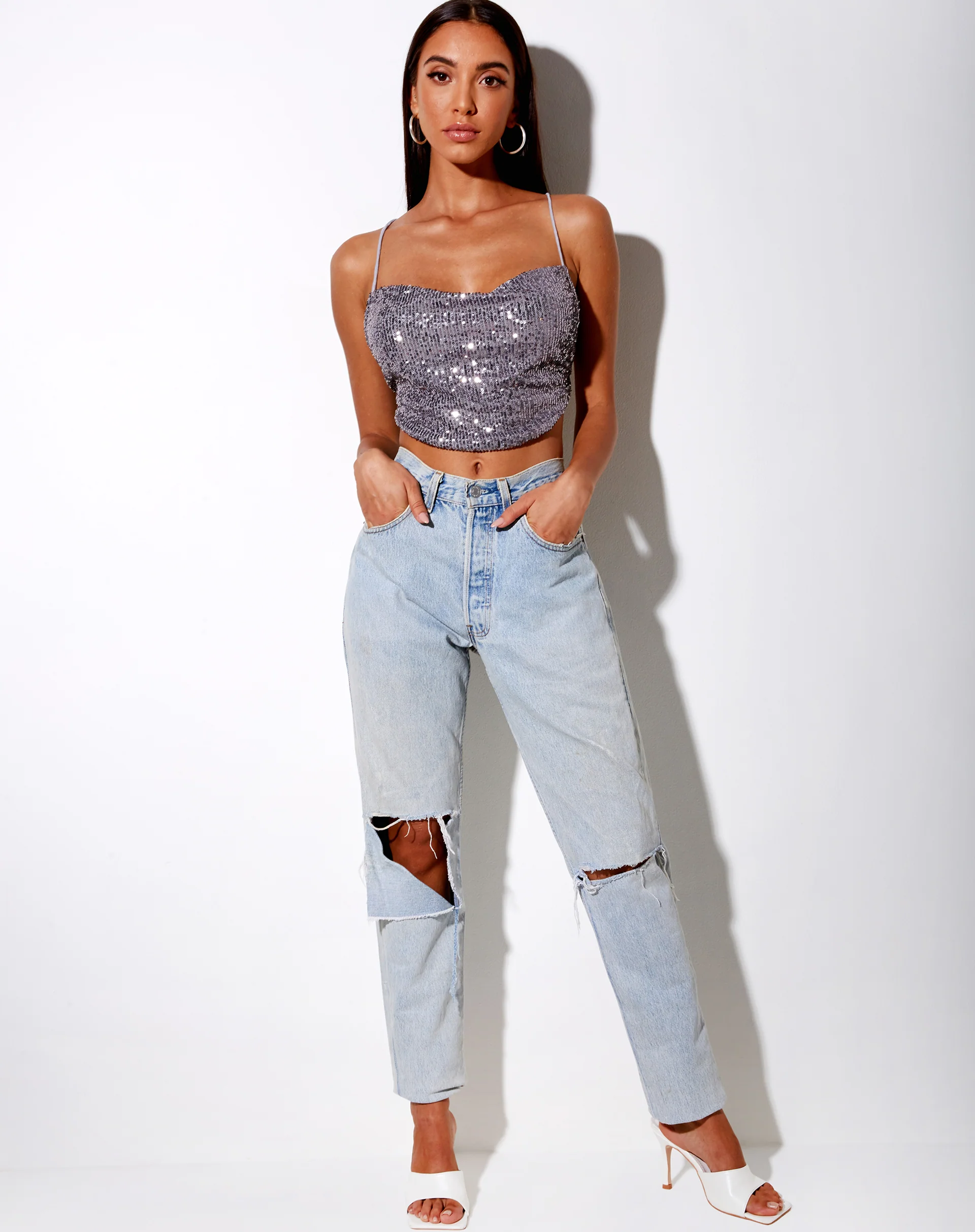 Laxmi Crop Top in Drape Sequin Silver - Image 3