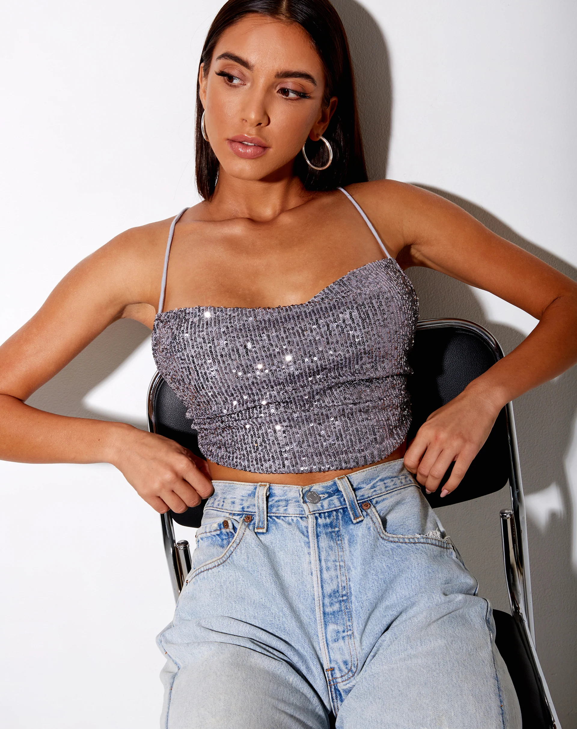 Laxmi Crop Top in Drape Sequin Silver - Image 4