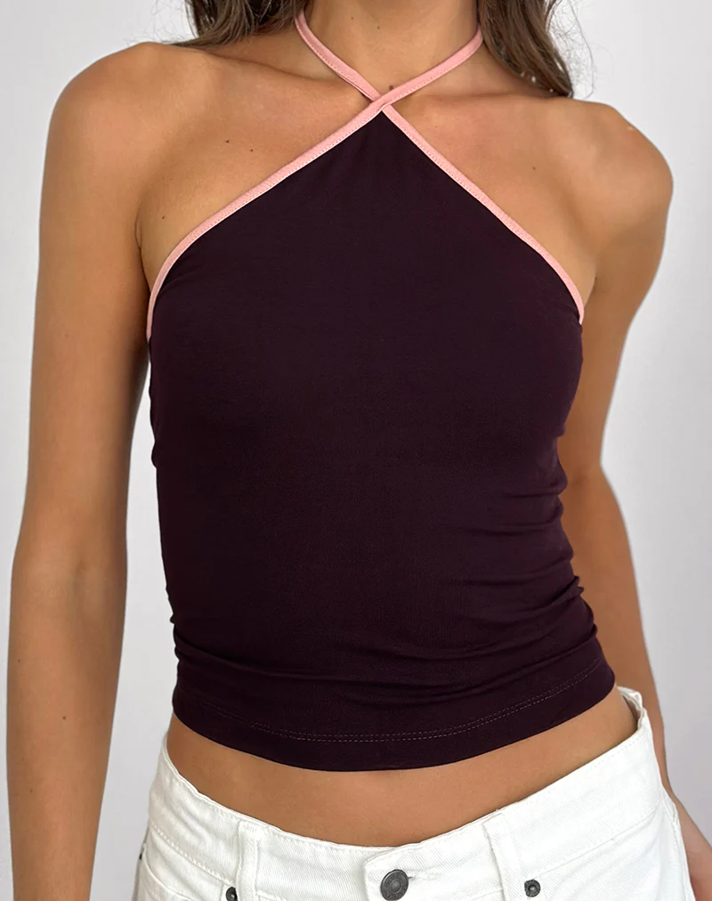Lay Halterneck Top in Redwood with Pink Lady Binding - Image 2