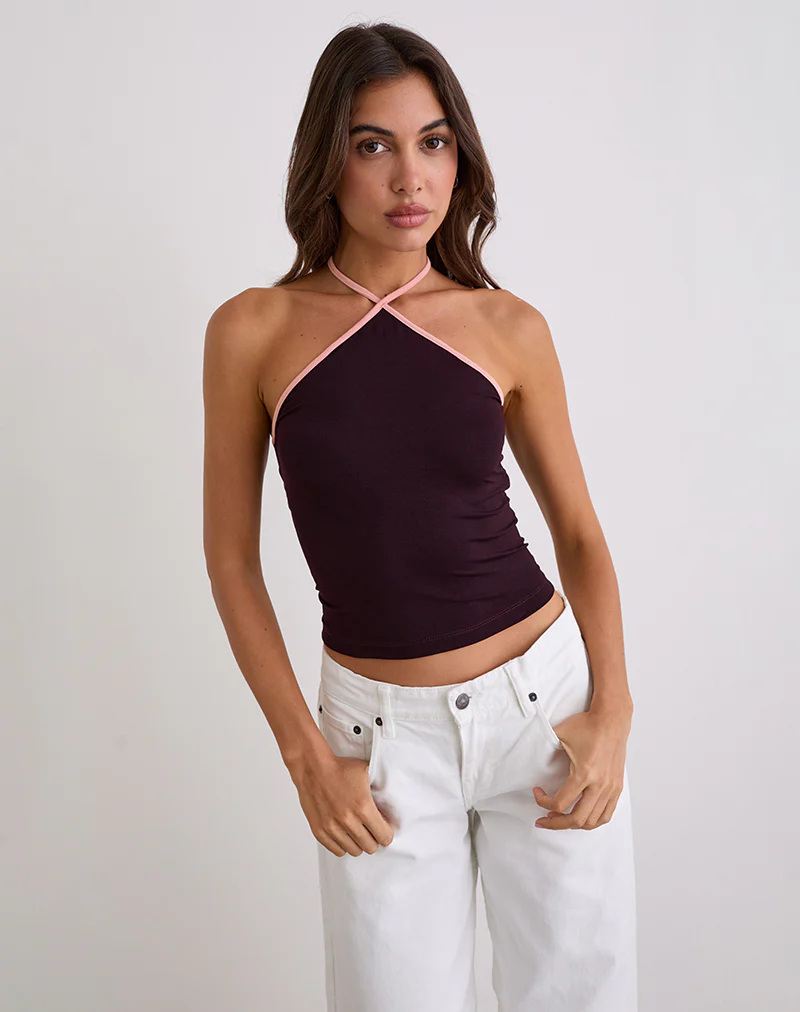Lay Halterneck Top in Redwood with Pink Lady Binding - Image 4