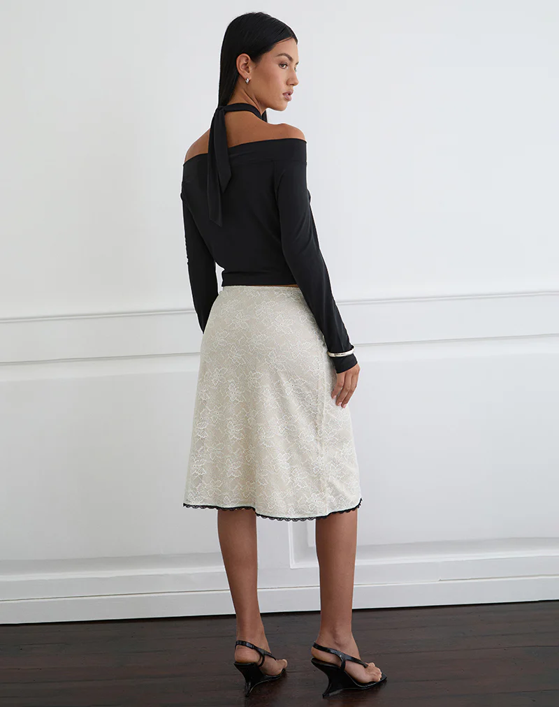 Laykha Midi Skirt in Ivory Lace with Black Vine Print - Image 4