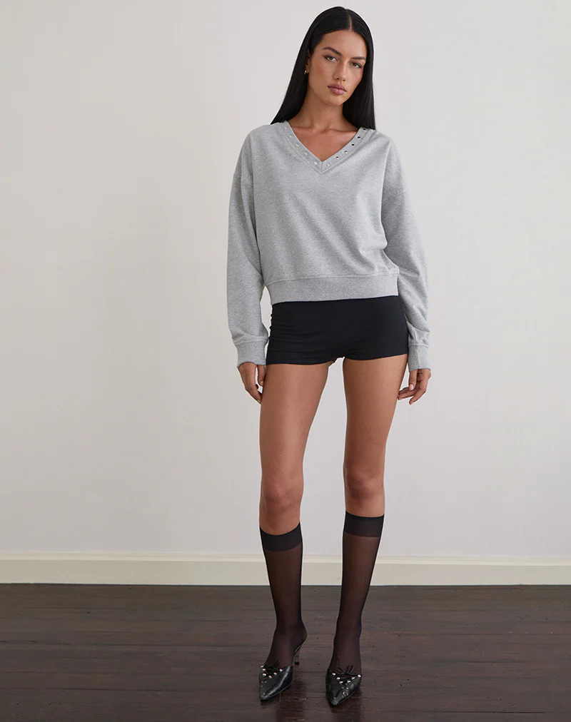 Lazuly Slim Sweatshirt in Grey Marl with Studs - Image 2