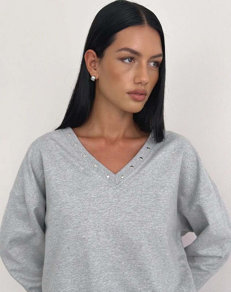 Lazuly Slim Sweatshirt in Grey Marl with Studs - Image 3