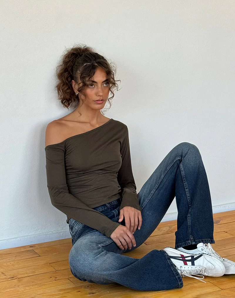 Ledez Asymmetrical Slouchy Top in Olive Tissue Jersey - Image 2