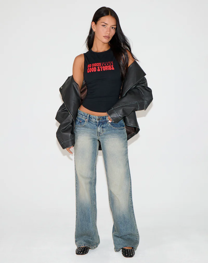 Leen Tank Top in Black with Bad Choices, Good Stories Graphic - Image 3