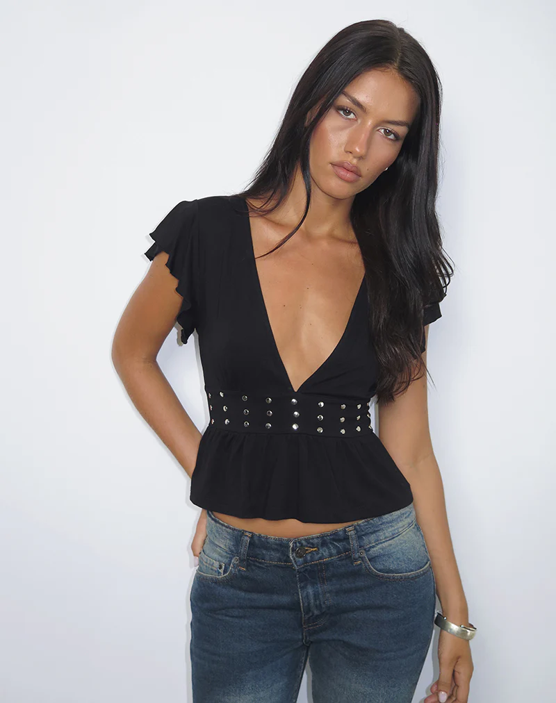 Leisma Frill Top in Jersey Black with Studs - Image 3