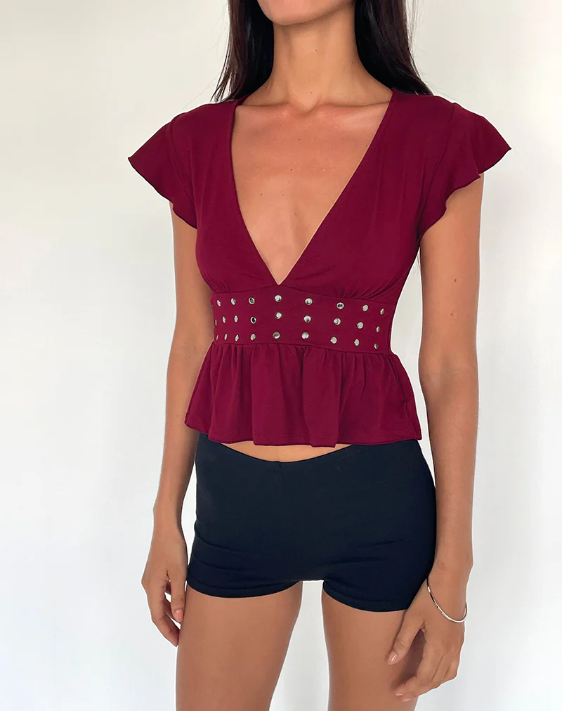 Leisma Frill Top in Jersey Burgundy with Studs - Image 2